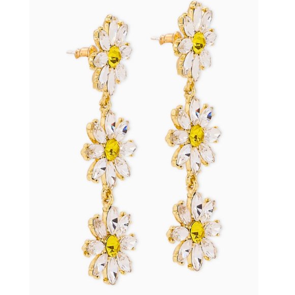 NWT Crystal Dangle Earrings Daisy Flowers Rhinestone Yellow Gold Daisies Drop - Picture 8 of 8